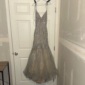 ellie wilde Silver Gray Beaded Mermaid Prom Dress
